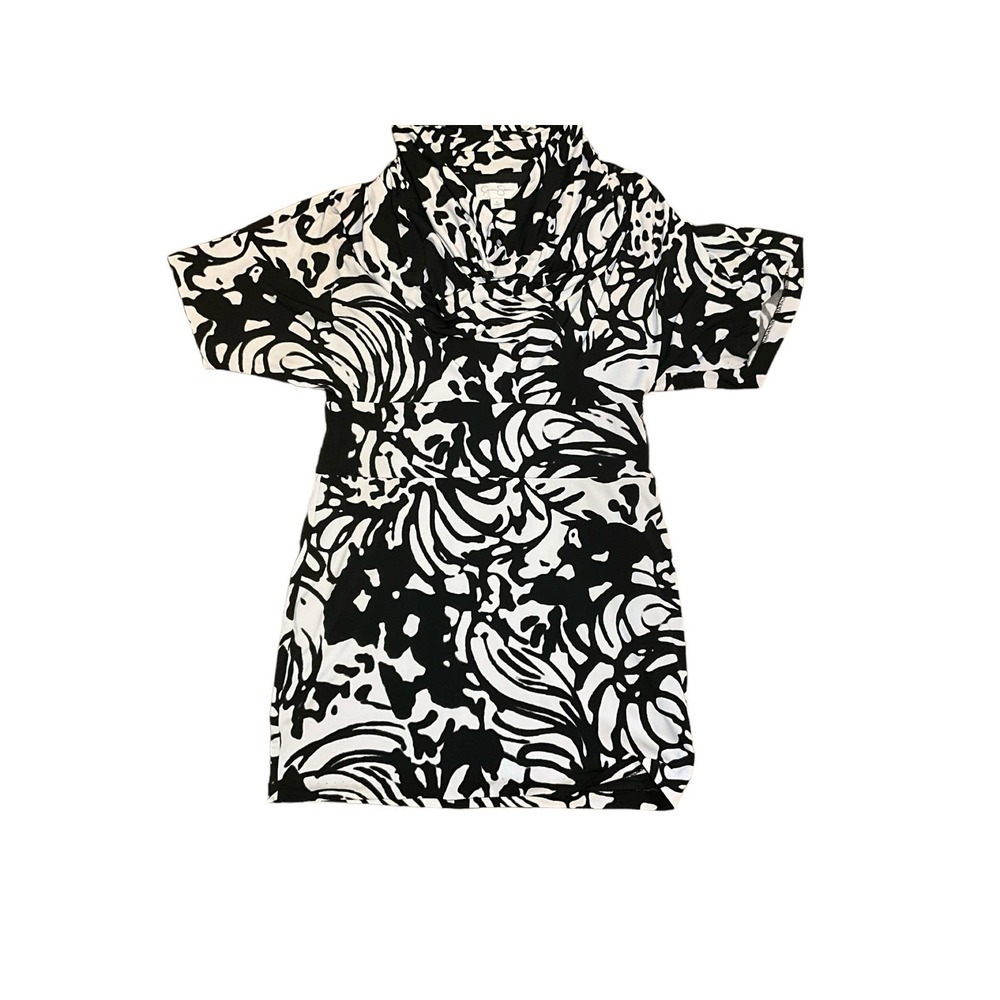 Jessica Simpson Mini Dress Women's Size L Black & White Short Sleeve Cowl Neck